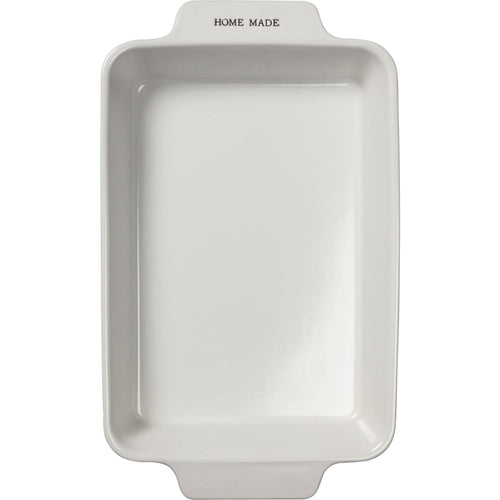 Handcrafted stoneware baking dish in cream with "HOME MADE" embossed on the handle, designed for Kitchen & Food, Cookware, Baking Supplies, and Best Sellers collections.