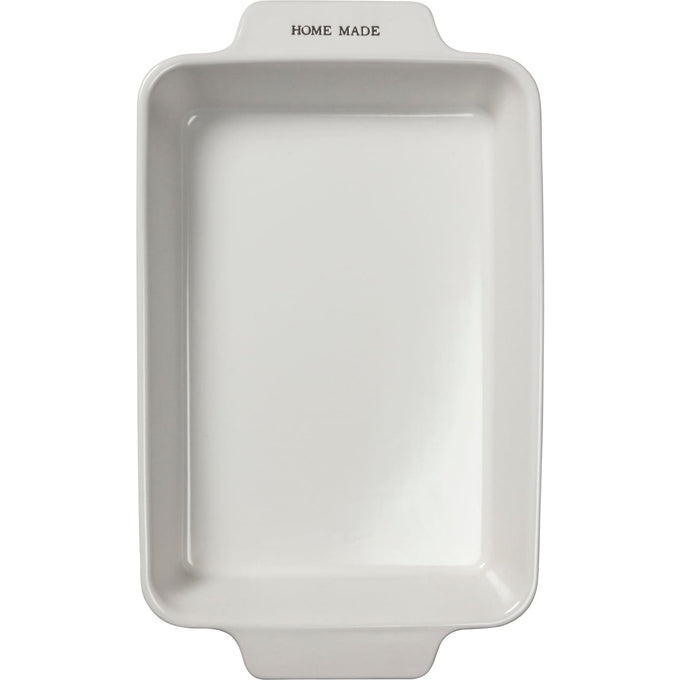 Handcrafted stoneware baking dish in cream with "HOME MADE" embossed on the handle, designed for Kitchen & Food, Cookware, Baking Supplies, and Best Sellers collections.
