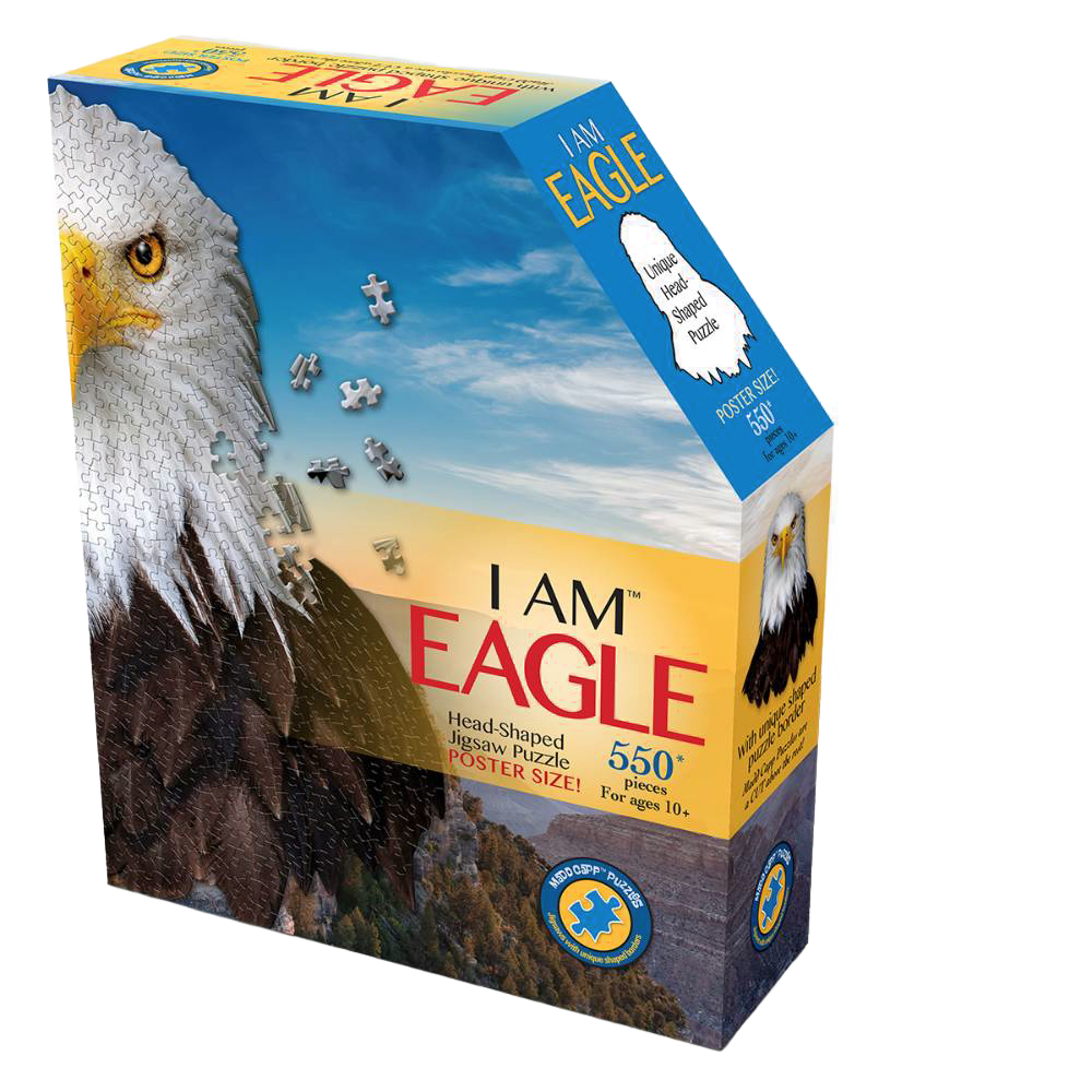 Box of a handcrafted eagle head shaped jigsaw puzzle with 550 pieces, featuring a detailed bird image and fun educational facts, ideal for Toys, Children's Toys, Puzzles, and Best Sellers collections.