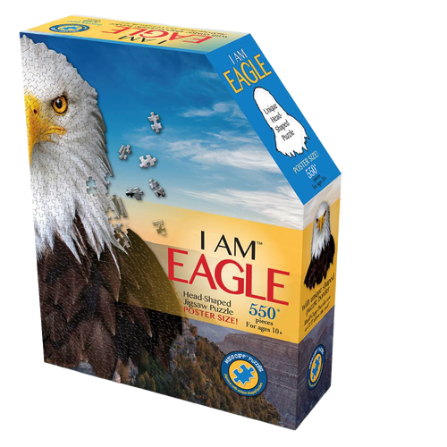 Box of a handcrafted eagle head shaped jigsaw puzzle with 550 pieces, featuring a detailed bird image and fun educational facts, ideal for Toys, Children's Toys, Puzzles, and Best Sellers collections.