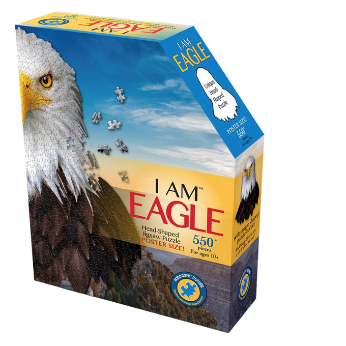 Box of a handcrafted eagle head shaped jigsaw puzzle with 550 pieces, featuring a detailed bird image and fun educational facts, ideal for Toys, Children's Toys, Puzzles, and Best Sellers collections.