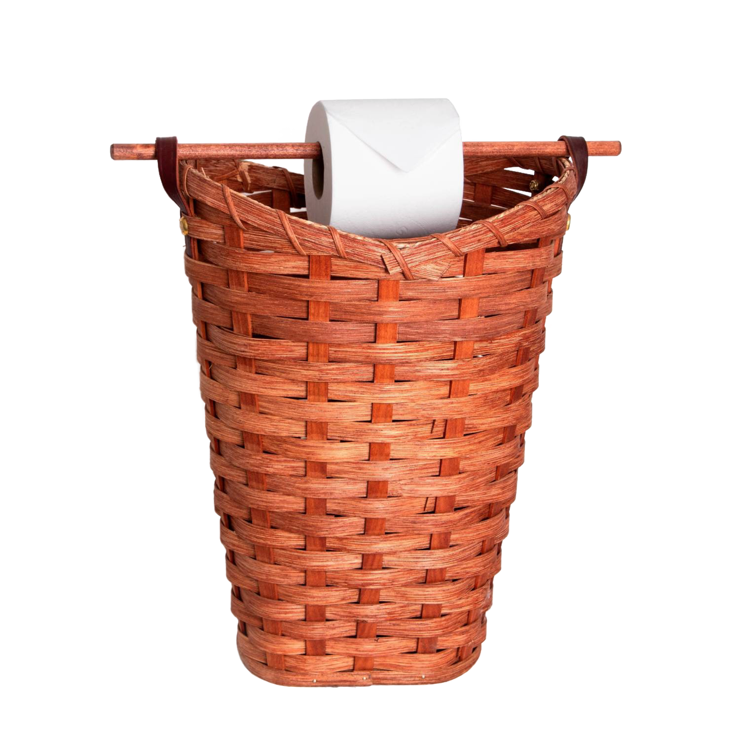 Handwoven maple wood toilet paper holder basket with birch dispensing rod, Amish made in the USA, holds four standard rolls, featured in Home & Decor and Household Helpers collections.