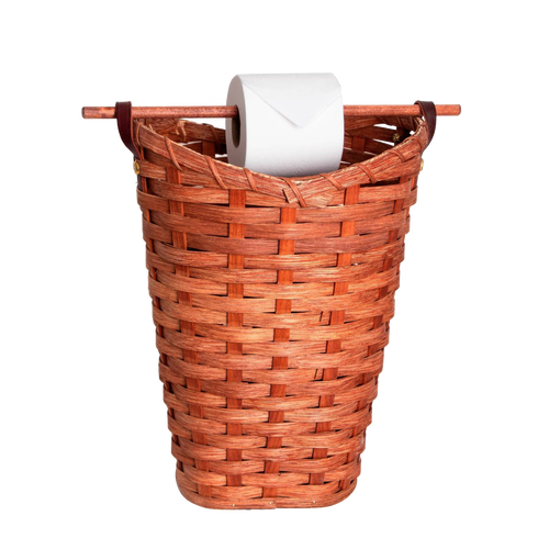 Handwoven maple wood toilet paper holder basket with birch dispensing rod, Amish made in the USA, holds four standard rolls, featured in Home & Decor and Household Helpers collections.