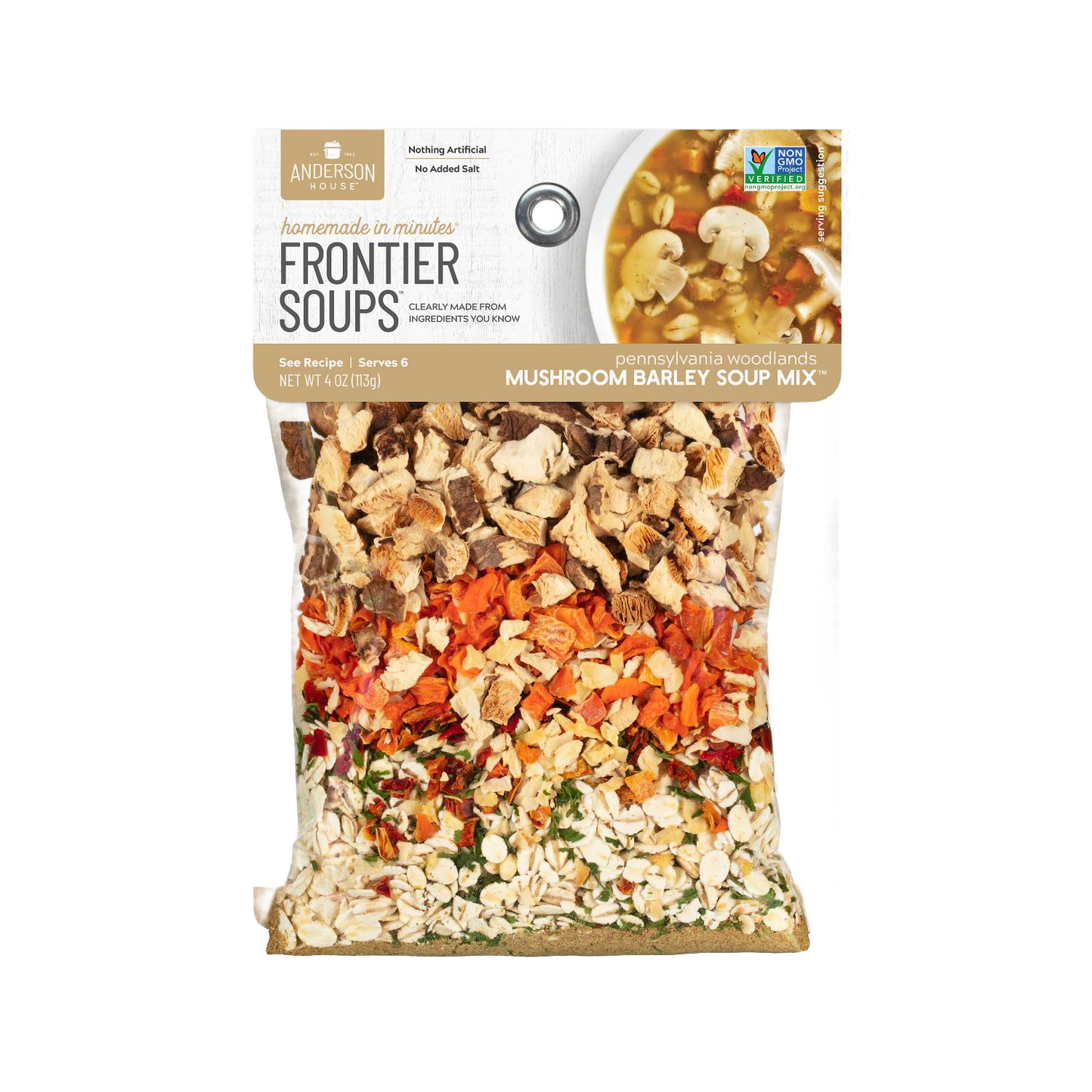 Clear pouch of handcrafted Frontier Mushroom Barley Soup Mix with visible dried mushrooms, carrots, herbs, and barley, made in the USA for Kitchen & Food, Pantry, and Soups collections.