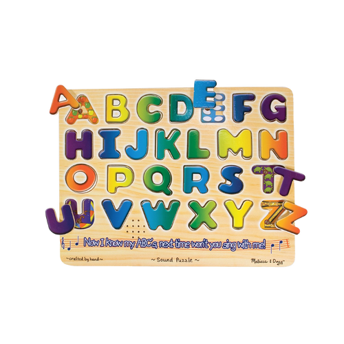 Wooden educational puzzle with 26 colorful raised letters that pronounce each letter when placed correctly, designed for children’s learning and featured in Toys, Children's Toys, Games and Puzzles, Wooden Toys, and Best Sellers collections.