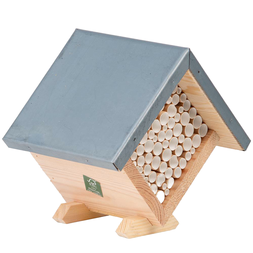 Handcrafted pine wood bee house with zinc roof and paper nesting tubes, designed to provide shelter for beneficial bees, ideal for Farm, Garden & Tool, Garden Accessories, Best Sellers, and Promo Eligible collections.