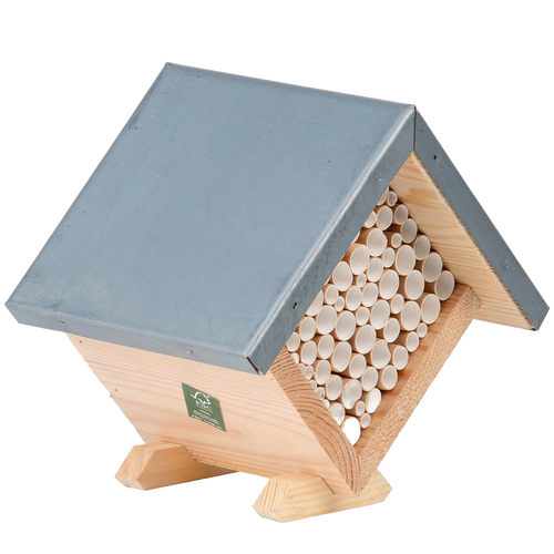 Handcrafted pine wood bee house with zinc roof and paper nesting tubes, designed to provide shelter for beneficial bees, ideal for Farm, Garden & Tool, Garden Accessories, Best Sellers, and Promo Eligible collections.