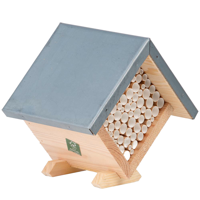 Handcrafted pine wood bee house with zinc roof and paper nesting tubes, designed to provide shelter for beneficial bees, ideal for Farm, Garden & Tool, Garden Accessories, Best Sellers, and Promo Eligible collections.