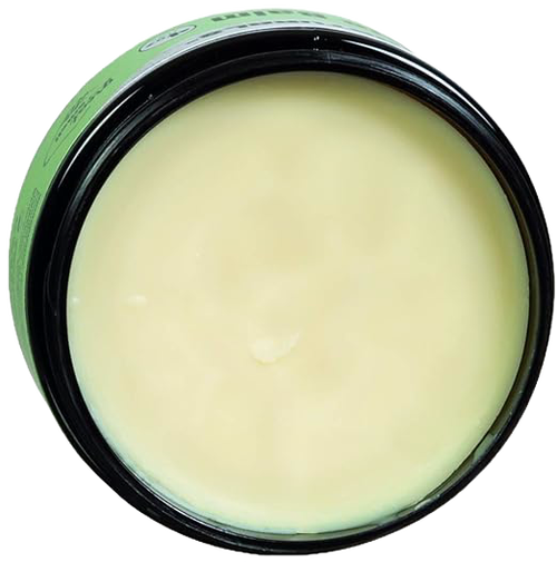 Open black jar with pale yellow natural balm inside, labeled with green accents for a soothing muscle and joint remedy made in USA, featured in Health & Wellness and Best Sellers collections.
