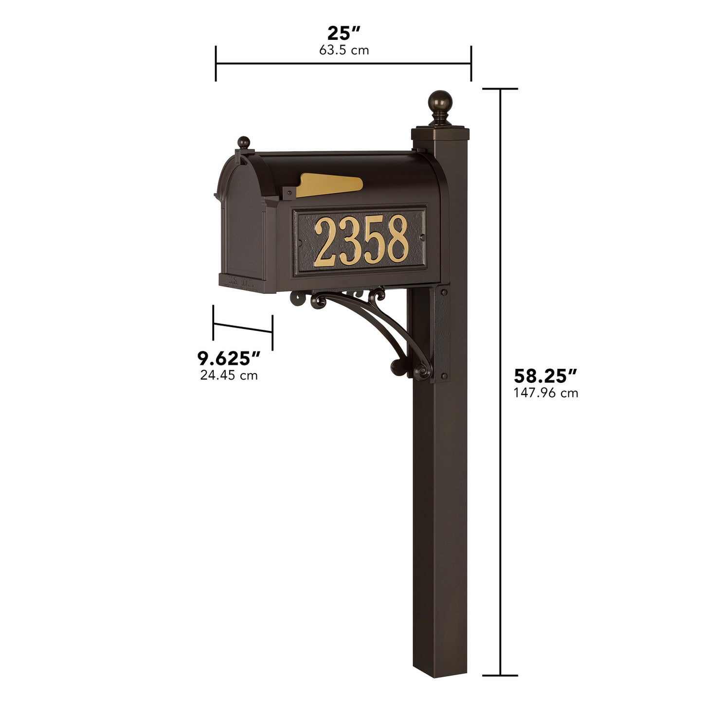 Handcrafted bronze and gold mailbox with personalized street numbers mounted on a decorative post, enhancing curb appeal, made in USA for Home & Decor and Mailboxes collections.