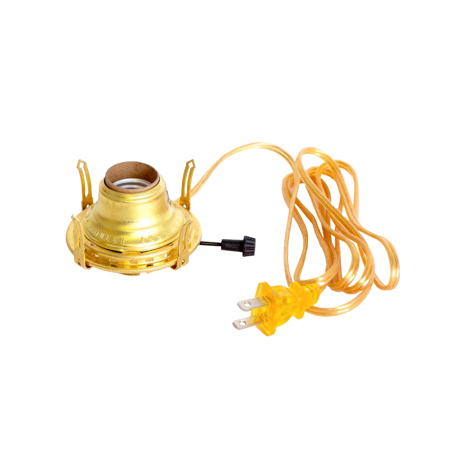 Handcrafted brass plated electrified burner with removable screw-on collar and UL listed amber cord, designed for #2 lamp collars, perfect for Lamps & Lighting and Electric Conversion collections.