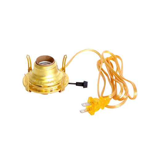 Handcrafted brass plated electrified burner with removable screw-on collar and UL listed amber cord, designed for #2 lamp collars, perfect for Lamps & Lighting and Electric Conversion collections.
