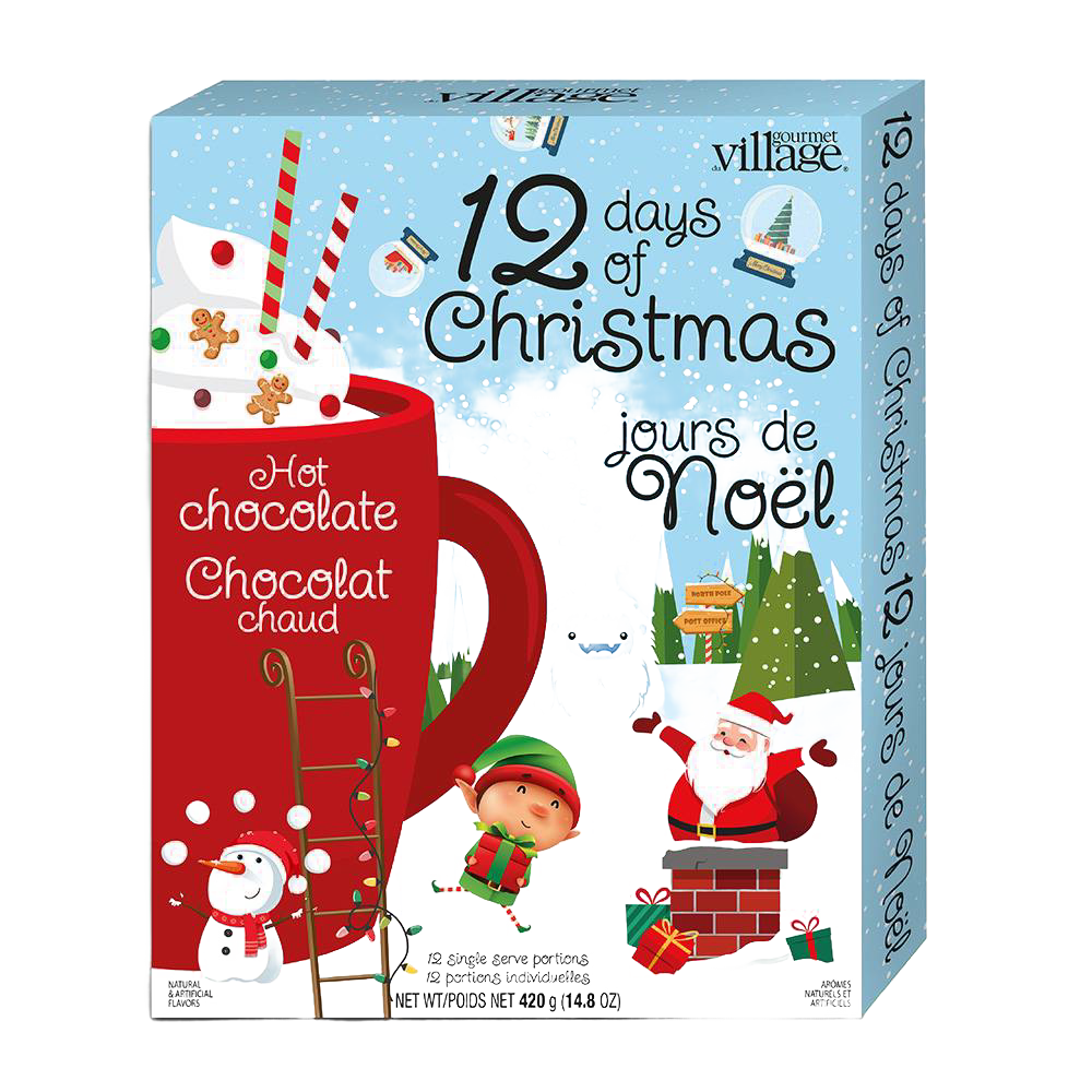 Festive holiday-themed box featuring whimsical Christmas illustrations and a large red mug with hot chocolate, ideal for Kitchen & Food, Snacks and Sweets, Beverages, Best Sellers, and Promo Eligible collections.