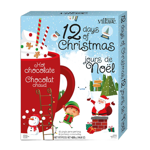 Festive holiday-themed box featuring whimsical Christmas illustrations and a large red mug with hot chocolate, ideal for Kitchen & Food, Snacks and Sweets, Beverages, Best Sellers, and Promo Eligible collections.