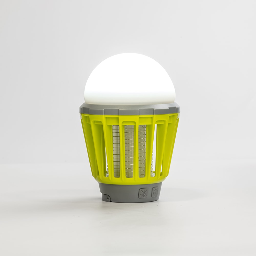 Rechargeable mini lantern with bright multi-level lighting and a built-in ultraviolet mosquito trap, featuring durable yellow and gray housing for camping, outdoor, and pest control use.