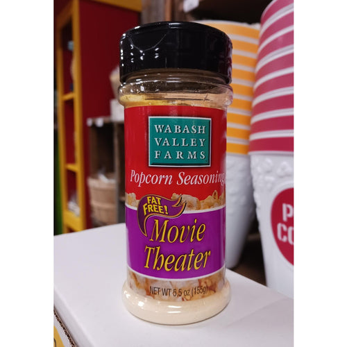 Clear plastic shaker bottle of handcrafted Movie Theater popcorn seasoning with red and purple label and black cap, ideal for Kitchen & Food, Popcorn, USA Made, and Best Sellers collections.