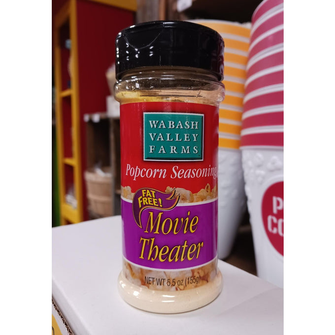 Clear plastic shaker bottle of handcrafted Movie Theater popcorn seasoning with red and purple label and black cap, ideal for Kitchen & Food, Popcorn, USA Made, and Best Sellers collections.