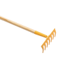 Child-sized yellow gardening rake with a durable wooden handle and metal head, designed for ages 6 and up to support outdoor play and gardening activities.