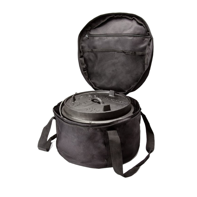 Black ripstop fabric bag with adjustable straps open to reveal a cast iron Dutch oven, featuring interior pockets for accessories, suitable for Farm, Garden & Tool, Camping, Best Sellers, and Promo Eligible collections.