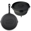 Handcrafted nitrided cast iron campfire cookware set including a 4.5 qt Dutch oven with lid and 10-inch skillet, designed for camping and outdoor cooking, featured in Farm, Garden & Tool and Kitchen & Food collections.