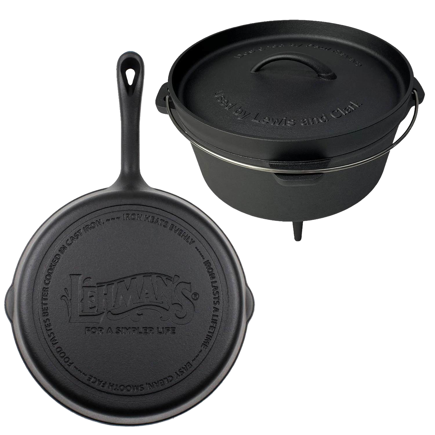 Handcrafted nitrided cast iron campfire cookware set including a 4.5 qt Dutch oven with lid and 10-inch skillet, designed for camping and outdoor cooking, featured in Farm, Garden & Tool and Kitchen & Food collections.
