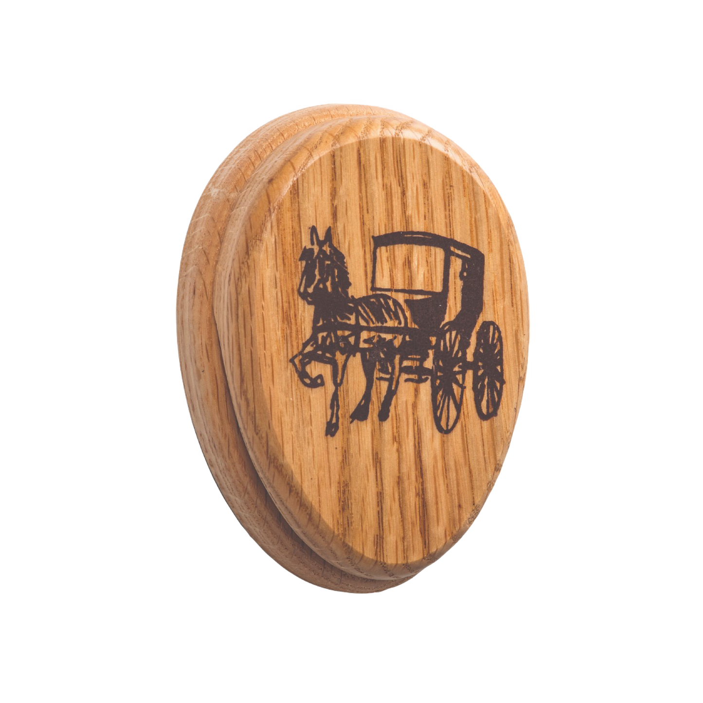 Handcrafted oak towel holder with a protective clear finish, featuring a rustic engraved horse-drawn buggy design, ideal for Home & Decor, Household Helpers, USA Made, and Amish Made collections.