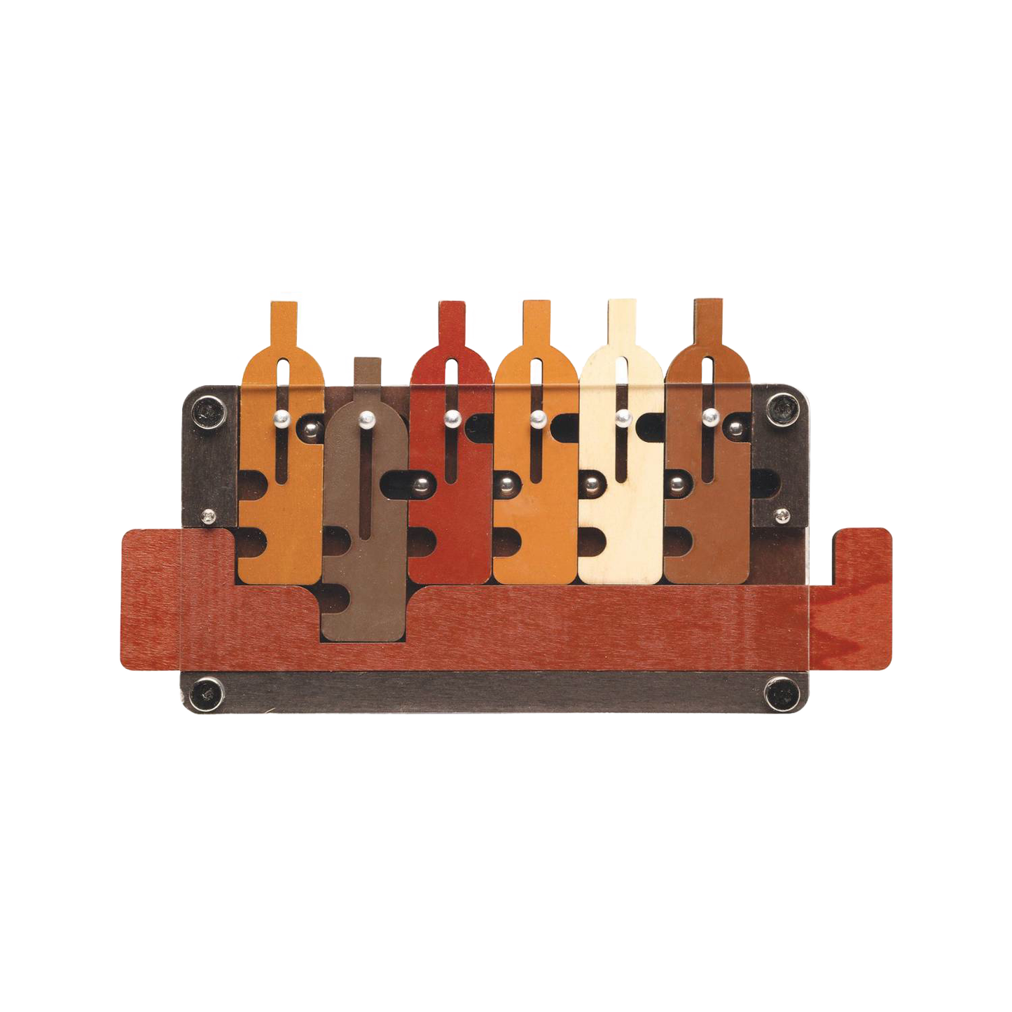 Handcrafted wooden puzzle featuring six colorful bottle shapes arranged on a tray, designed as a challenging brainteaser toy in Toys, Books & Games and Puzzles collections.