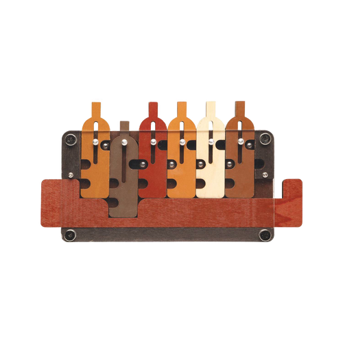 Handcrafted wooden puzzle featuring six colorful bottle shapes arranged on a tray, designed as a challenging brainteaser toy in Toys, Books & Games and Puzzles collections.