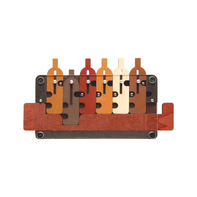 Handcrafted wooden puzzle featuring six colorful bottle shapes arranged on a tray, designed as a challenging brainteaser toy in Toys, Books & Games and Puzzles collections.