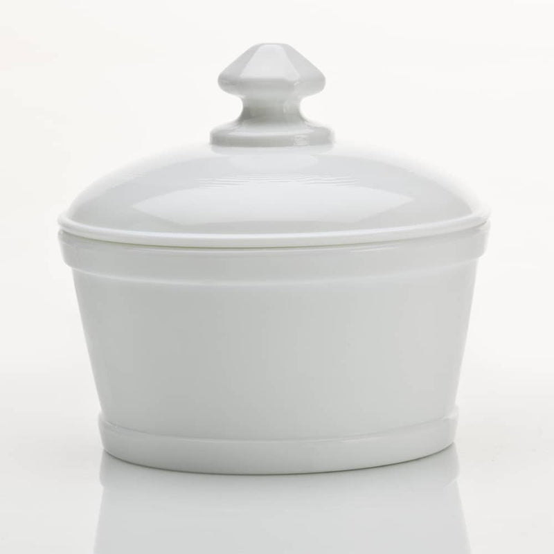 Milk-colored glass butter tub with matching lid, handcrafted by a family-owned company in Ohio, ideal for kitchen storage and serving, part of USA Made and Dinnerware collections.