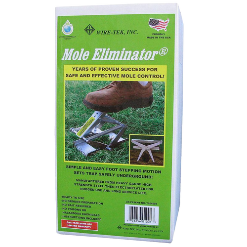 Green and yellow packaging of a spring-loaded metal mole trap with a foot stepping demonstration, made in USA, featured in Farm, Garden & Tool, Garden Accessories, Pest Control, and Best Sellers collections.