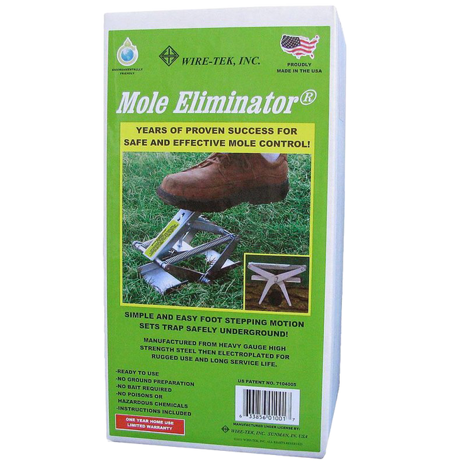 Green and yellow packaging of a spring-loaded metal mole trap with a foot stepping demonstration, made in USA, featured in Farm, Garden & Tool, Garden Accessories, Pest Control, and Best Sellers collections.