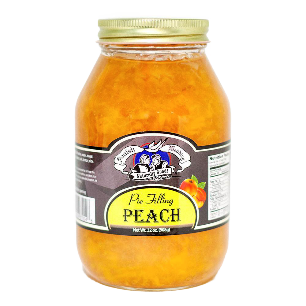 Handcrafted jar of Amish-made peach pie filling with natural fruit ingredients, free from corn syrup and artificial coloring, part of Kitchen & Food, Pantry, USA Made, and Best Sellers collections.