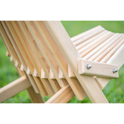 Close-up of handcrafted solid cypress wood folding chair showcasing smooth wooden slats and sturdy construction, perfect for outdoor furniture and camping collections, Amish made in USA.