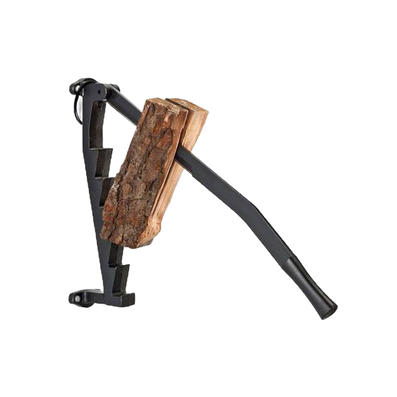 Wall-mounted kindling splitter with steel wedge holding a thick log, designed for safer, easier wood cutting without an axe, suited for Farm, Garden & Tool and Wood Cutting collections.