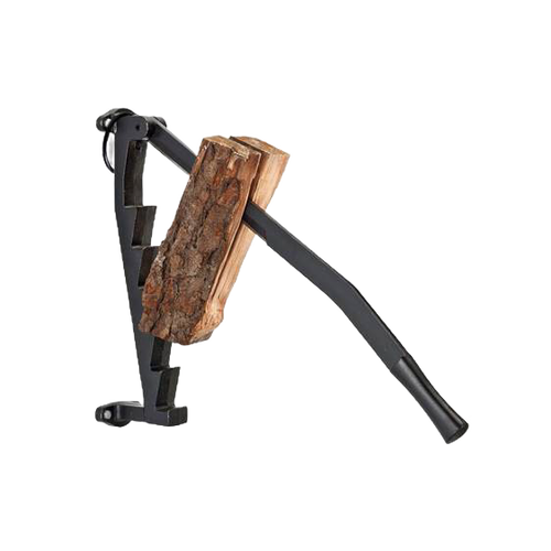Wall-mounted kindling splitter with steel wedge holding a thick log, designed for safer, easier wood cutting without an axe, suited for Farm, Garden & Tool and Wood Cutting collections.