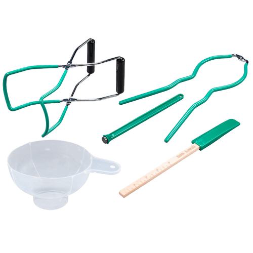 Five-piece canning tool set including a wide-mouth jar funnel, jar lifter, lid lifter and magnetic wand, bubble remover with ruler, made for Kitchen & Food and Canning collections.