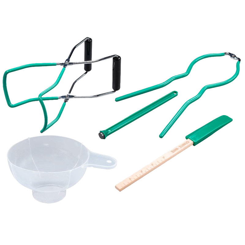 Five-piece canning tool set including a wide-mouth jar funnel, jar lifter, lid lifter and magnetic wand, bubble remover with ruler, made for Kitchen & Food and Canning collections.