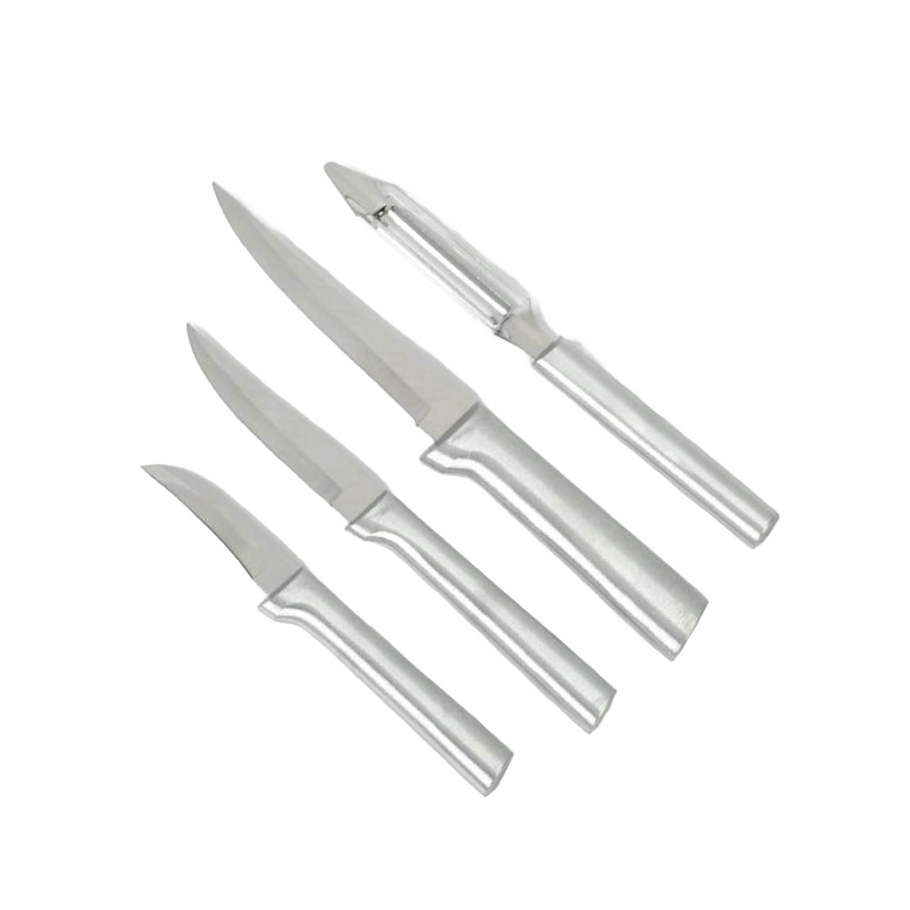 Set of four handcrafted stainless steel kitchen utensils including paring knives and a vegetable peeler, ideal for food prep in Farm, Garden & Tool and Kitchen & Food collections.