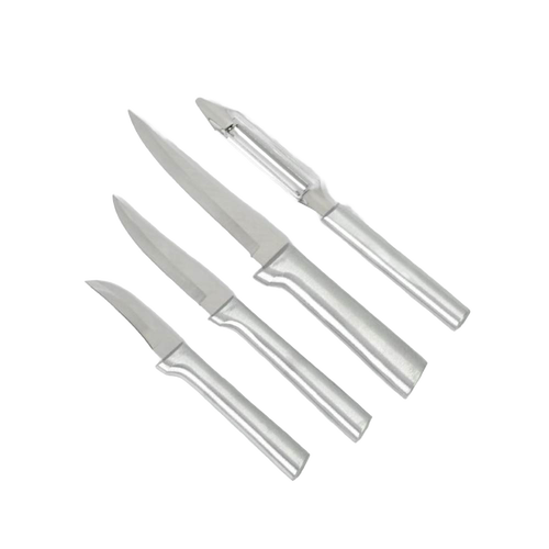 Set of four handcrafted stainless steel kitchen utensils including paring knives and a vegetable peeler, ideal for food prep in Farm, Garden & Tool and Kitchen & Food collections.