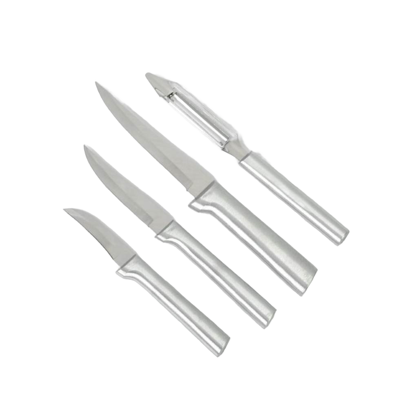 Set of four handcrafted stainless steel kitchen utensils including paring knives and a vegetable peeler, ideal for food prep in Farm, Garden & Tool and Kitchen & Food collections.