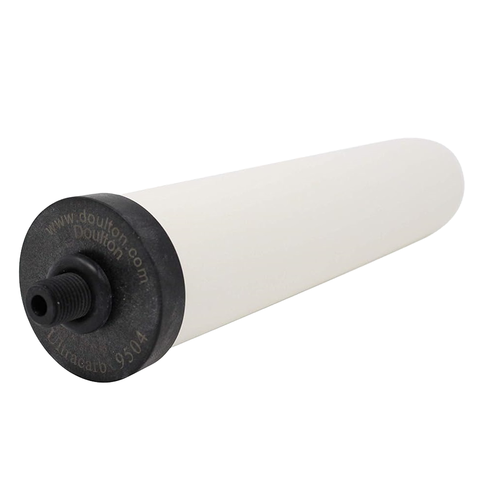 Long cylindrical water filter cartridge with black end caps, designed for efficient reduction of chlorine, bacteria, and heavy metals, ideal for Appliances and Water Treatment collections.
