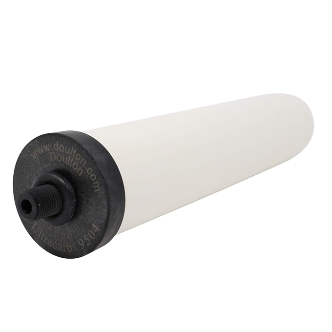 Long cylindrical water filter cartridge with black end caps, designed for efficient reduction of chlorine, bacteria, and heavy metals, ideal for Appliances and Water Treatment collections.