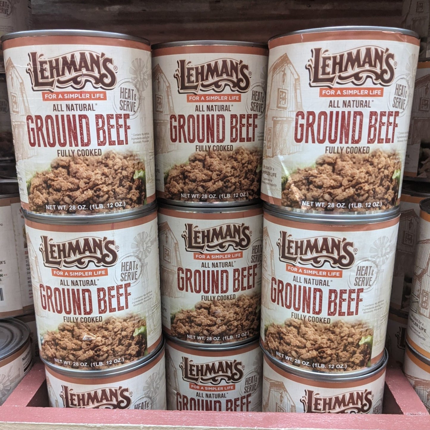 Stack of handcrafted cans filled with ready-to-serve, fully cooked natural ground beef, perfect for quick meals in Kitchen & Food, Food, Meats, Best Sellers, and Promo Eligible collections.