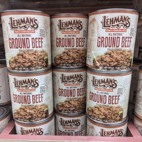 Stack of handcrafted cans filled with ready-to-serve, fully cooked natural ground beef, perfect for quick meals in Kitchen & Food, Food, Meats, Best Sellers, and Promo Eligible collections.