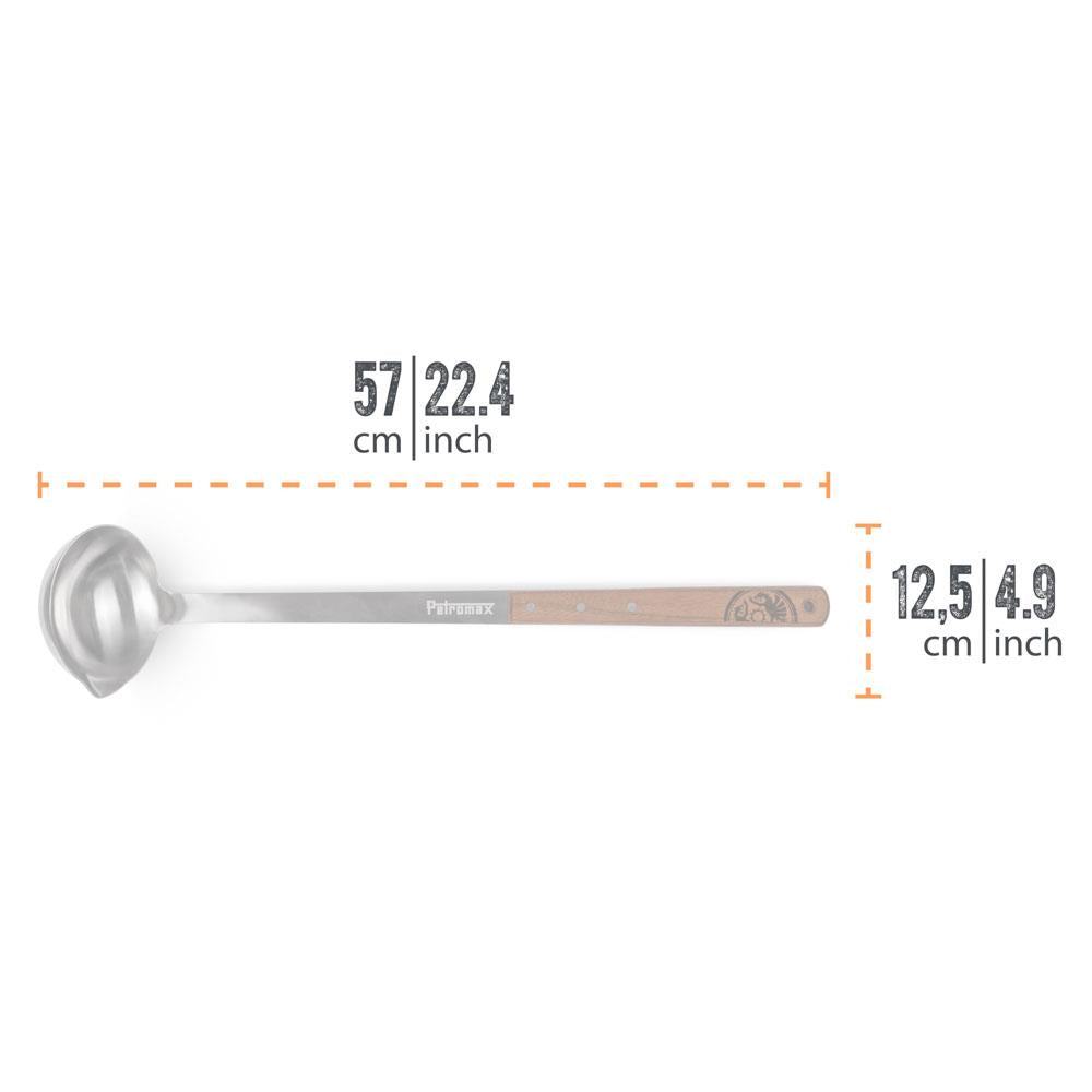 Generously sized stainless steel soup ladle with a wooden handle featuring a subtle engraved logo, handcrafted for outdoor cooking in Farm, Garden & Tool, Camping, and Kitchen & Food collections.
