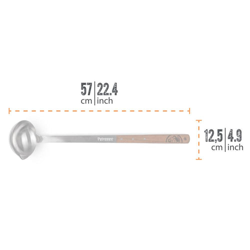 Generously sized stainless steel soup ladle with a wooden handle featuring a subtle engraved logo, handcrafted for outdoor cooking in Farm, Garden & Tool, Camping, and Kitchen & Food collections.