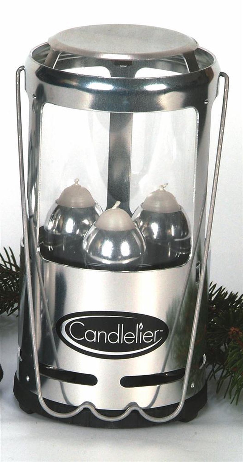Handcrafted lightweight Candlelier lantern with three white candles inside a polished metal frame and glass sides, ideal for camping, emergency supplies, and outdoor use.