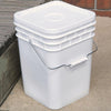 Stack of sturdy white plastic buckets with tight-fitting lids and metal handles, designed for safe food storage and organization, featured in Kitchen & Food and USA Made collections.