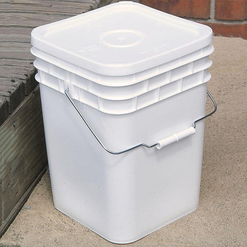 Stack of sturdy white plastic buckets with tight-fitting lids and metal handles, designed for safe food storage and organization, featured in Kitchen & Food and USA Made collections.